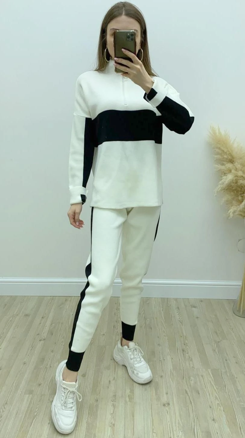 Fermuarlı Triko Takım Beyaz