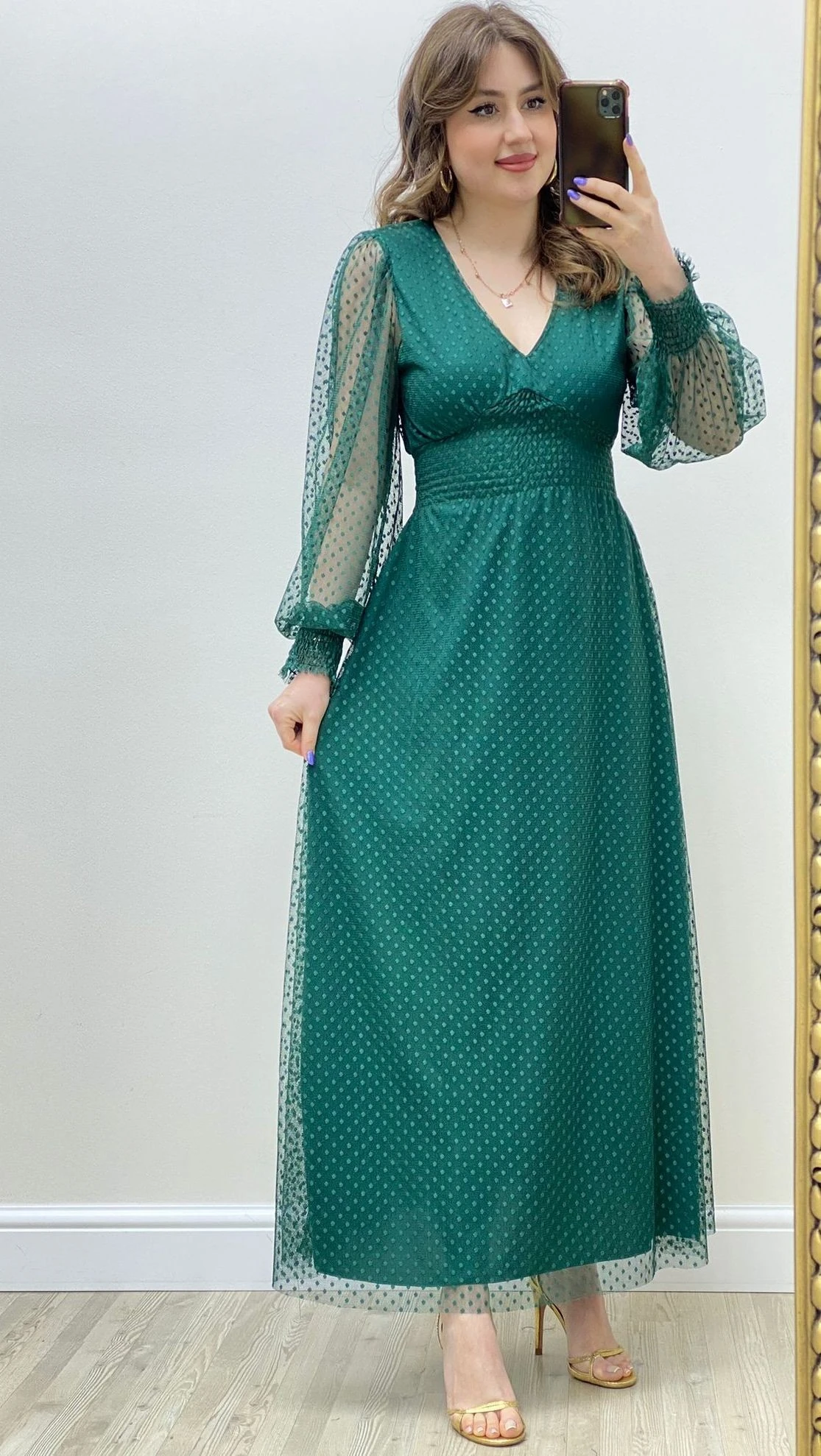 Beli Gipeli Tül Puantiye Elbise Yeşil