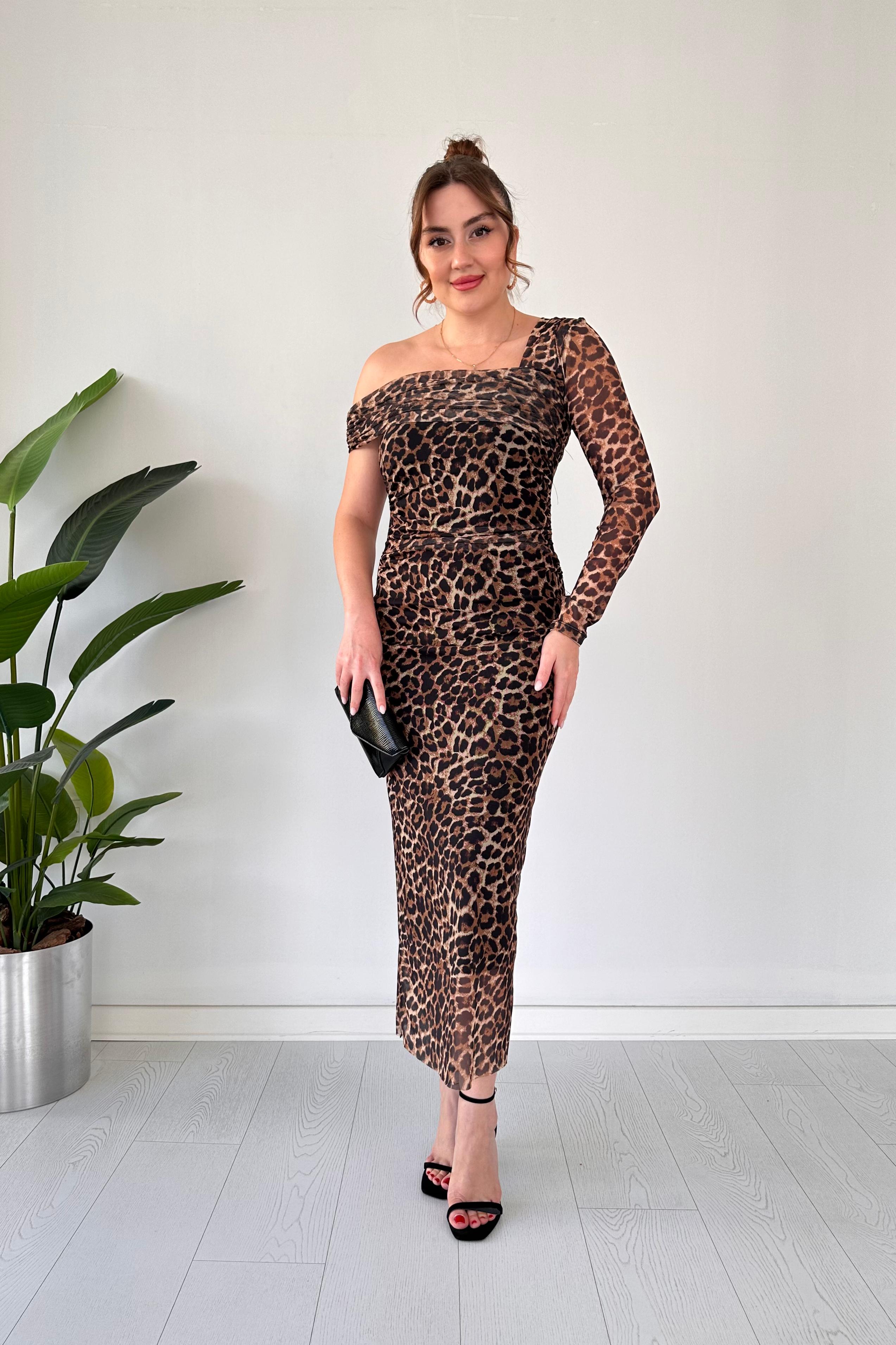 Tek Omuz Leopar Tül Elbise