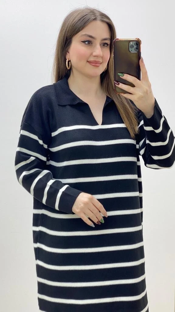 Dökümlü Çizgili Triko Elbise Siyah