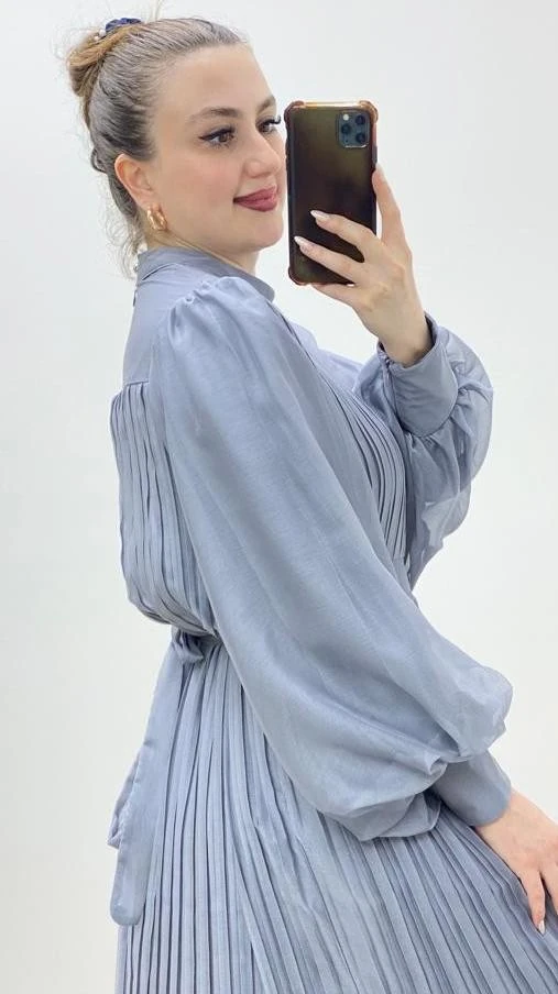 Organze Pileli Şifon Elbise Gümüş