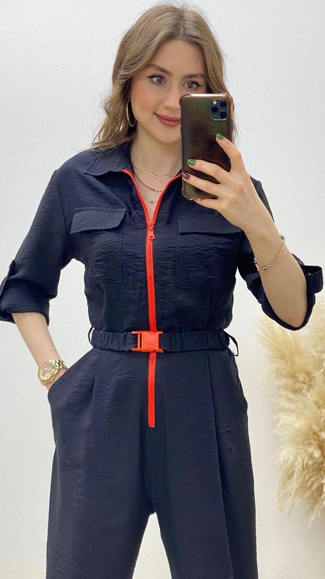 Neon Fermuarlı Tulum Siyah