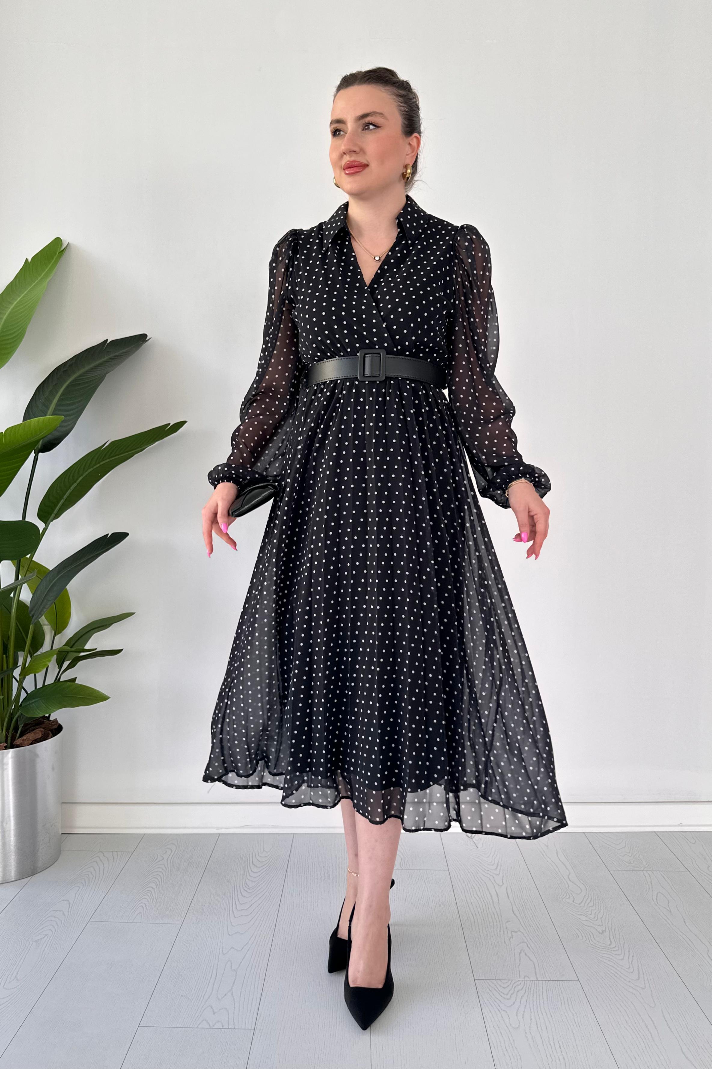 Yakalı Puantiye Şifon Elbise Siyah