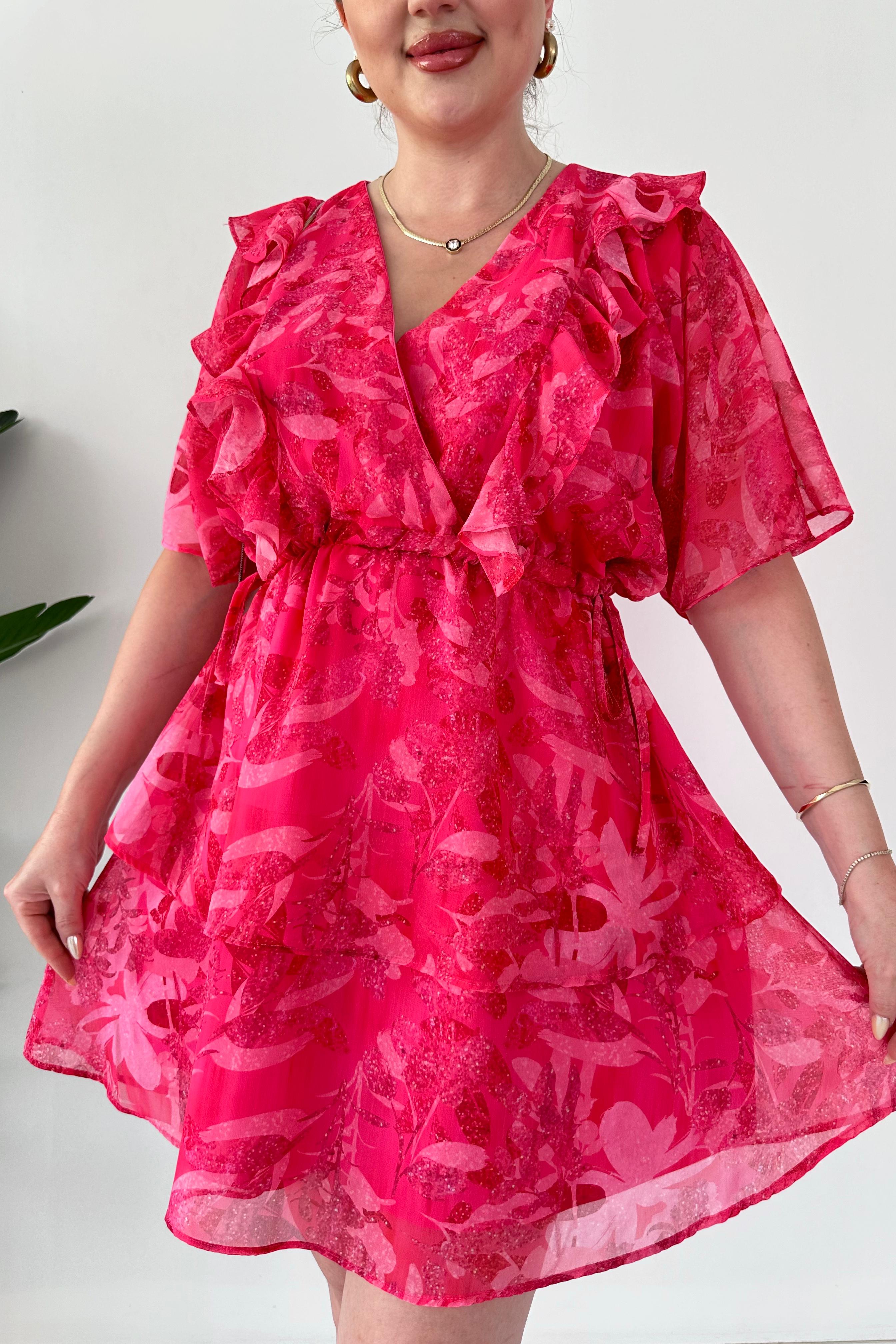 Farbalalı Katlı Şifon Elbise