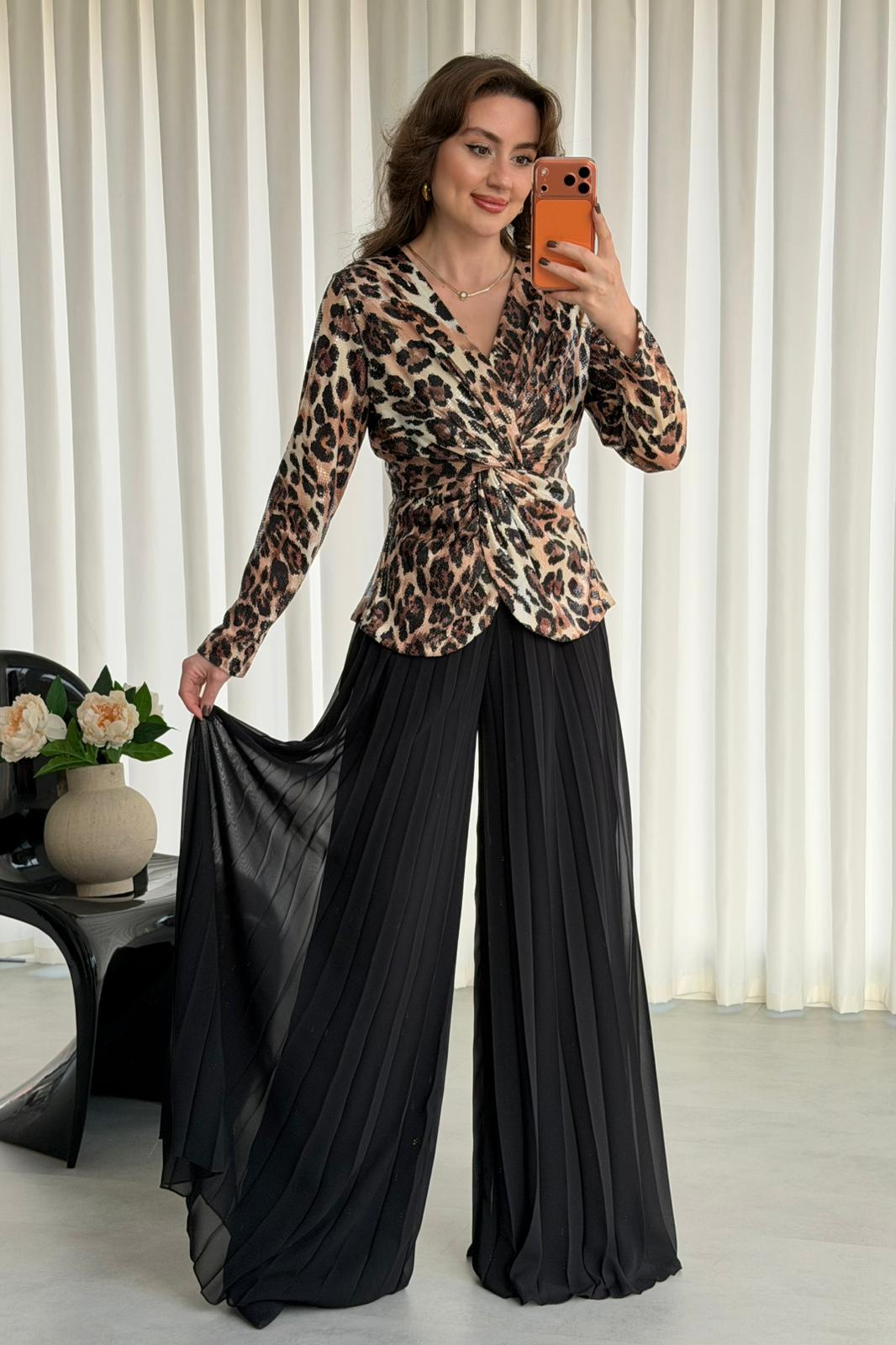 Leopar Payetli Takım - Siyah