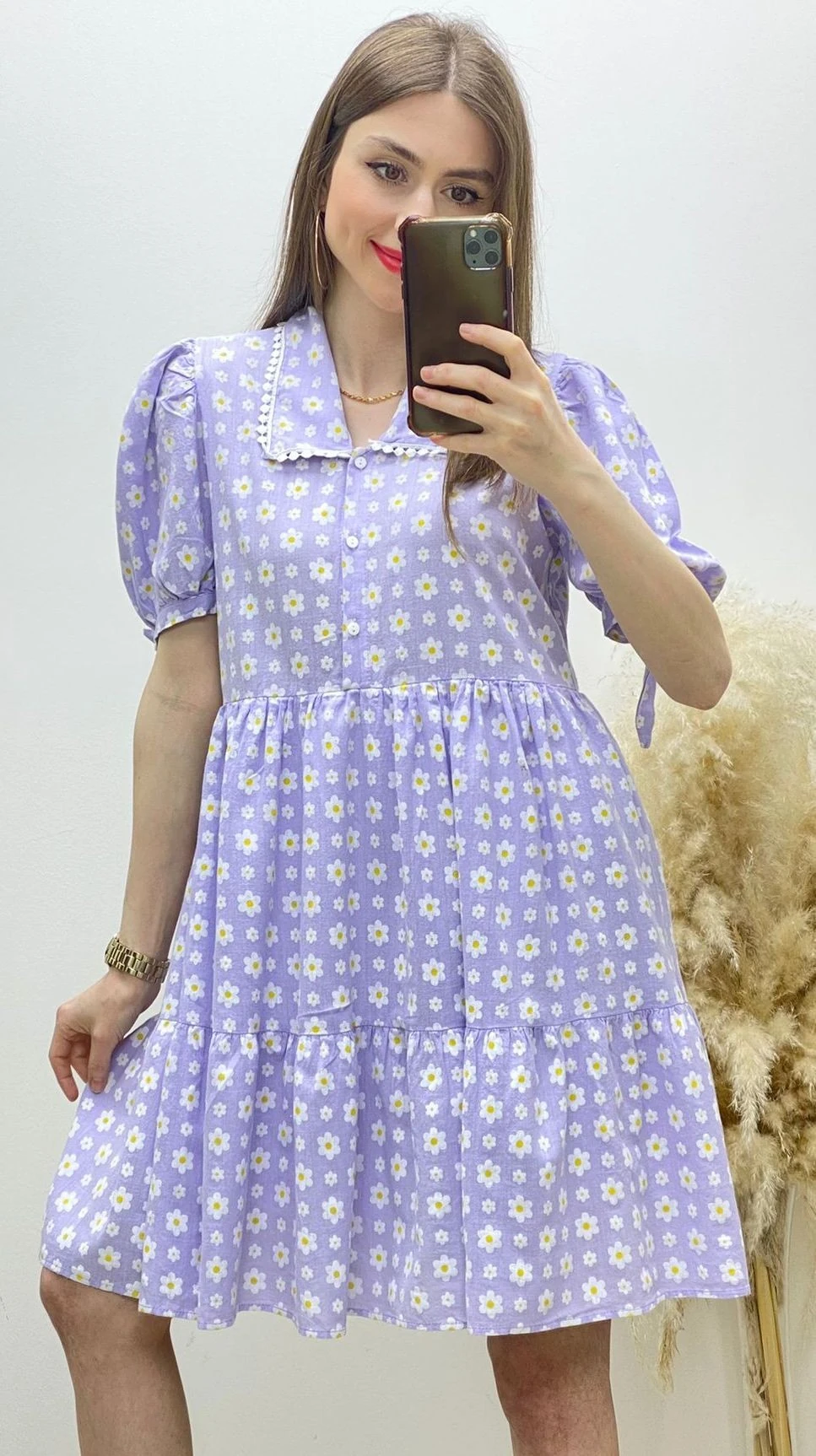 Yakalı Papatya Desen Elbise Lila