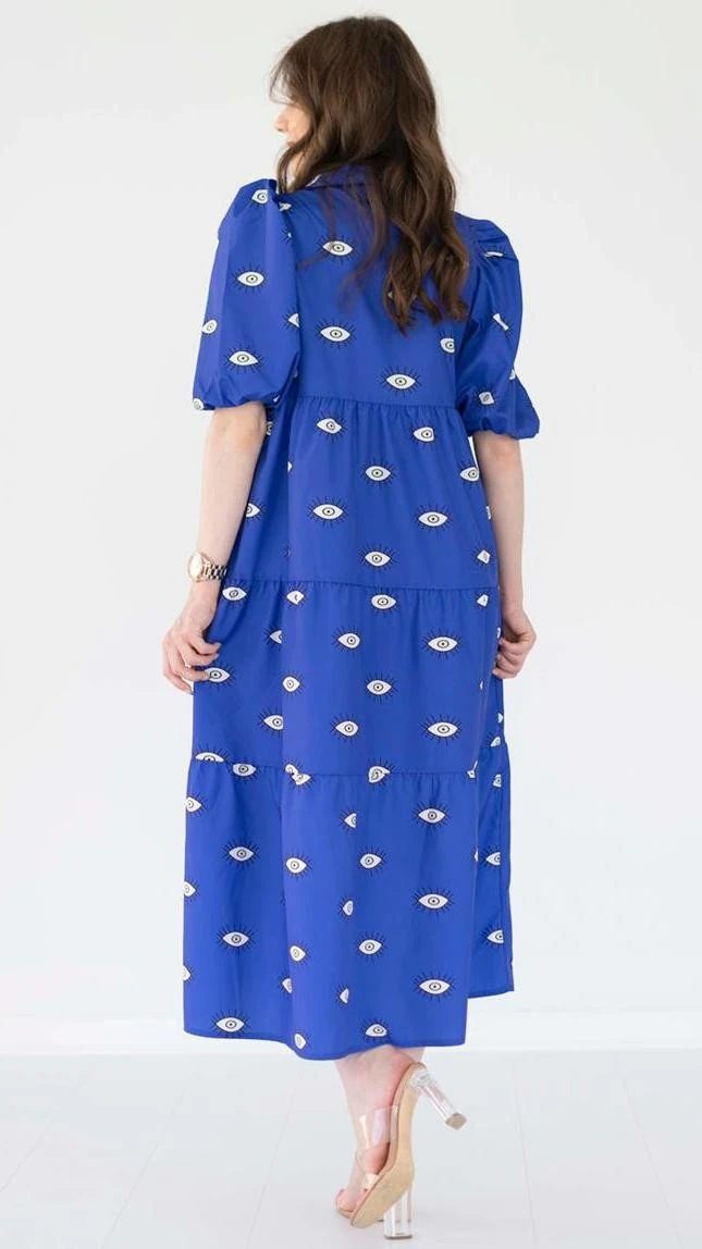 Göz Desen Gömlek Elbise Mavi