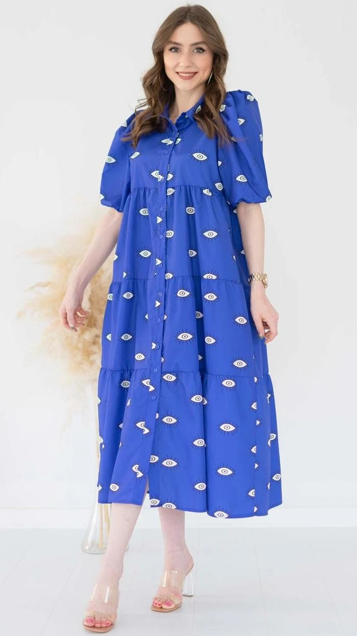 Göz Desen Gömlek Elbise Mavi