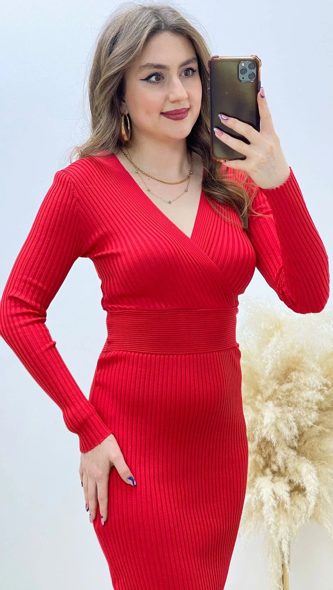 Kruvaze Korseli Triko Elbise Kırmızı