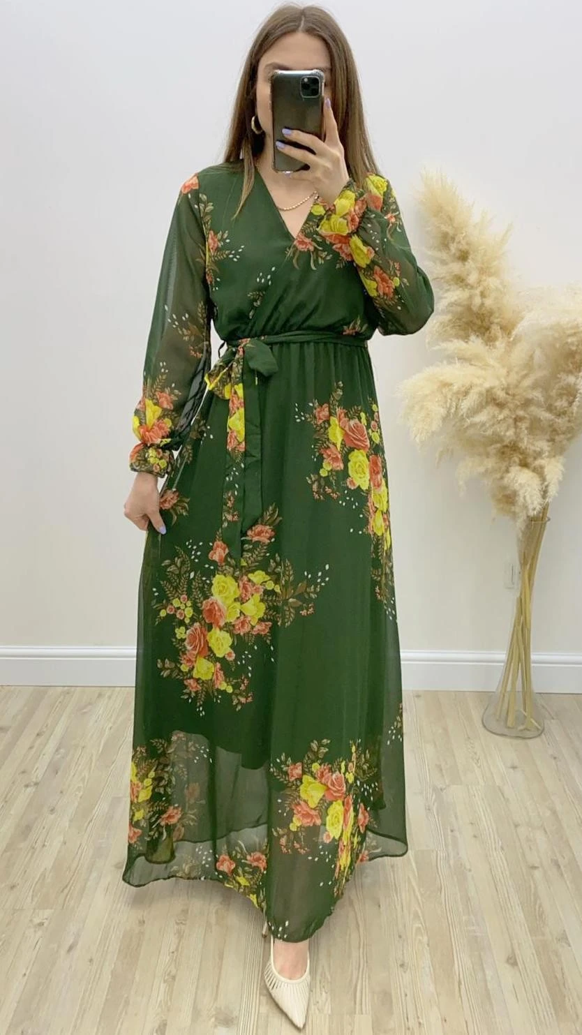 Maksi Boy Kruvaze Yaka Şifon Elbise Haki