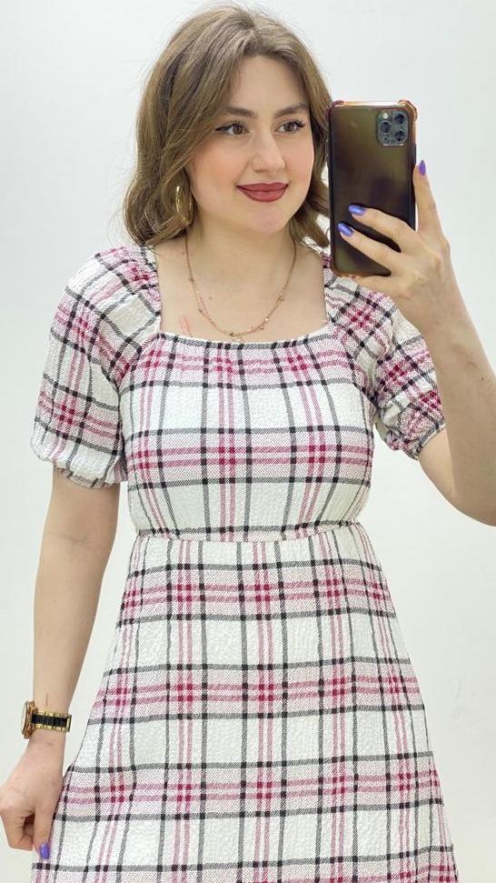 Ekoseli Astarlı Elbise Bordo