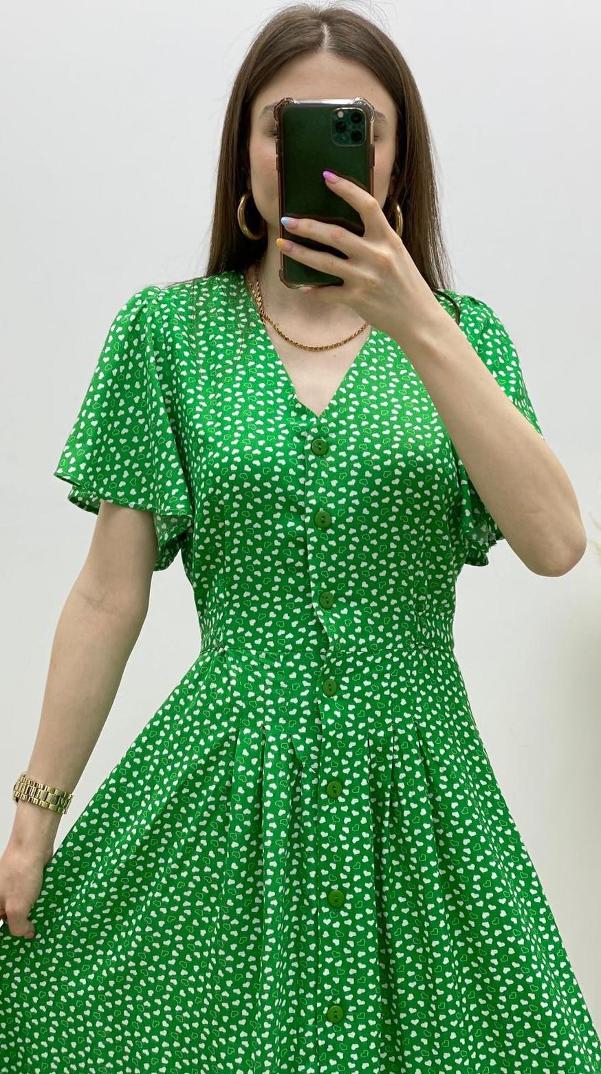 Kalp Desenli Viskon Elbise Yeşil