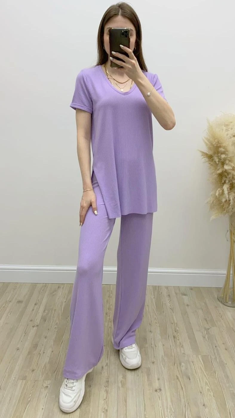 V Yaka Bol Paça Kaşkorse Takımı Lila