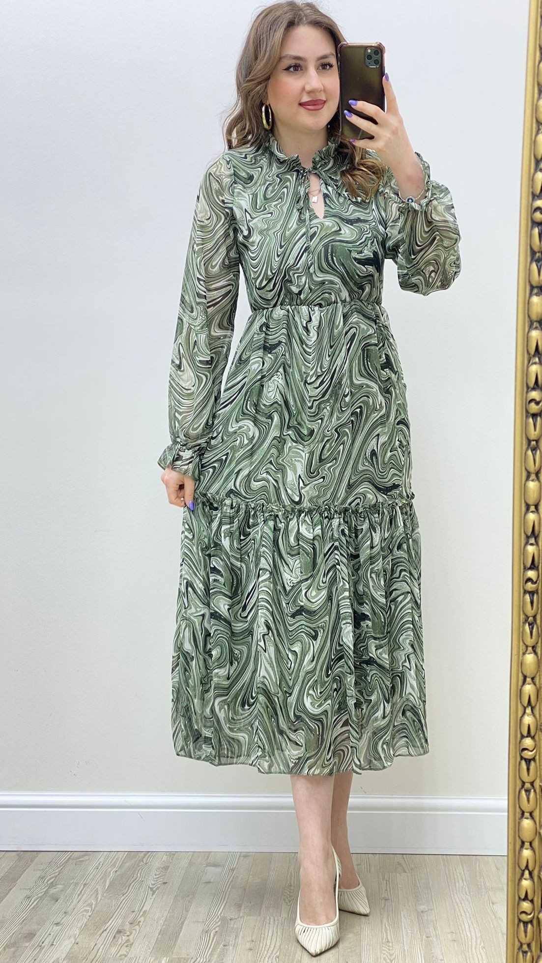 Midi Dalgalı Şİfon Elbise Haki