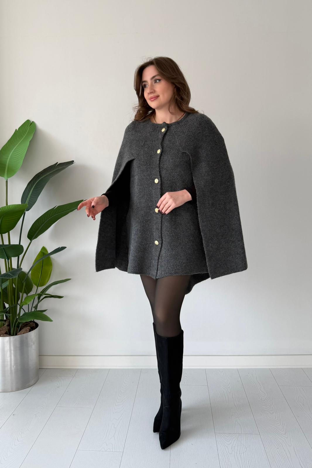 Gold Düğmeli Triko Pelerin - Antrasit