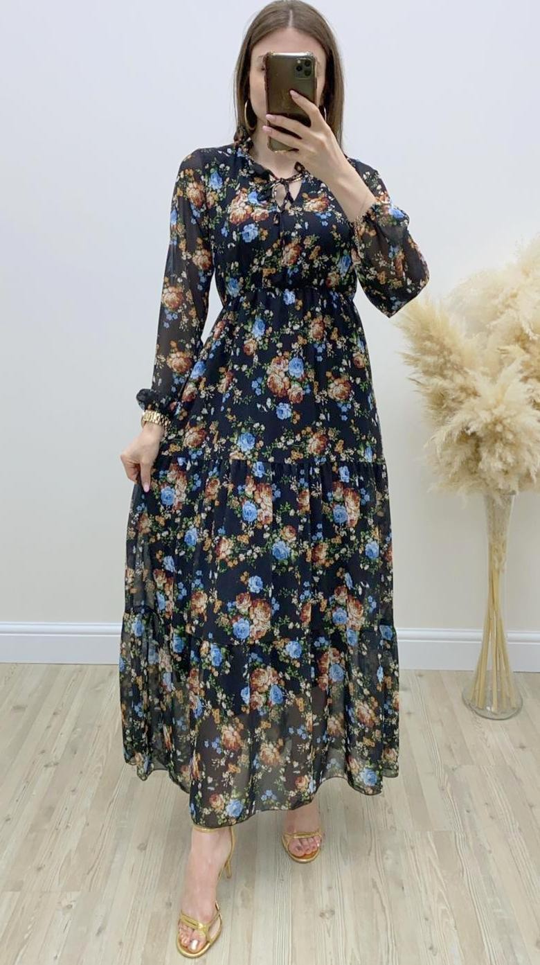 Mavi Gül Desenli Şifon Elbise