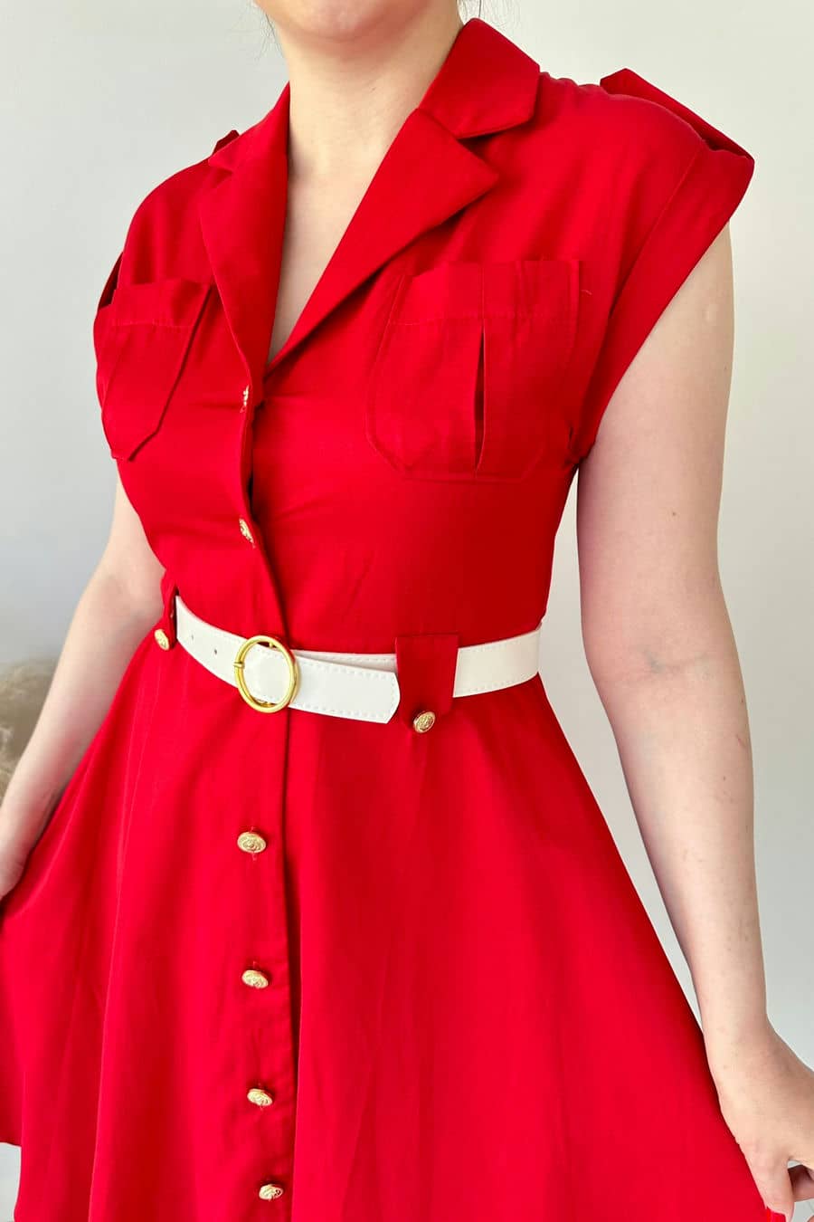 Gold Düğmeli Kemerli Elbise