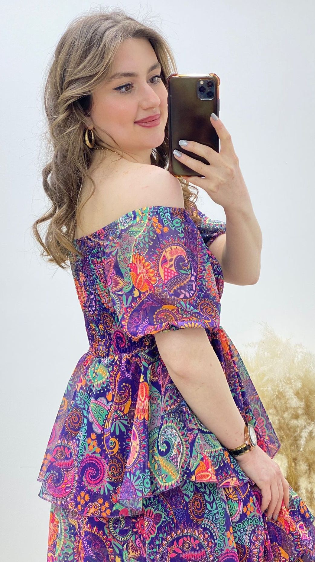 Katlı Şal Desen Şifon Elbise Mor