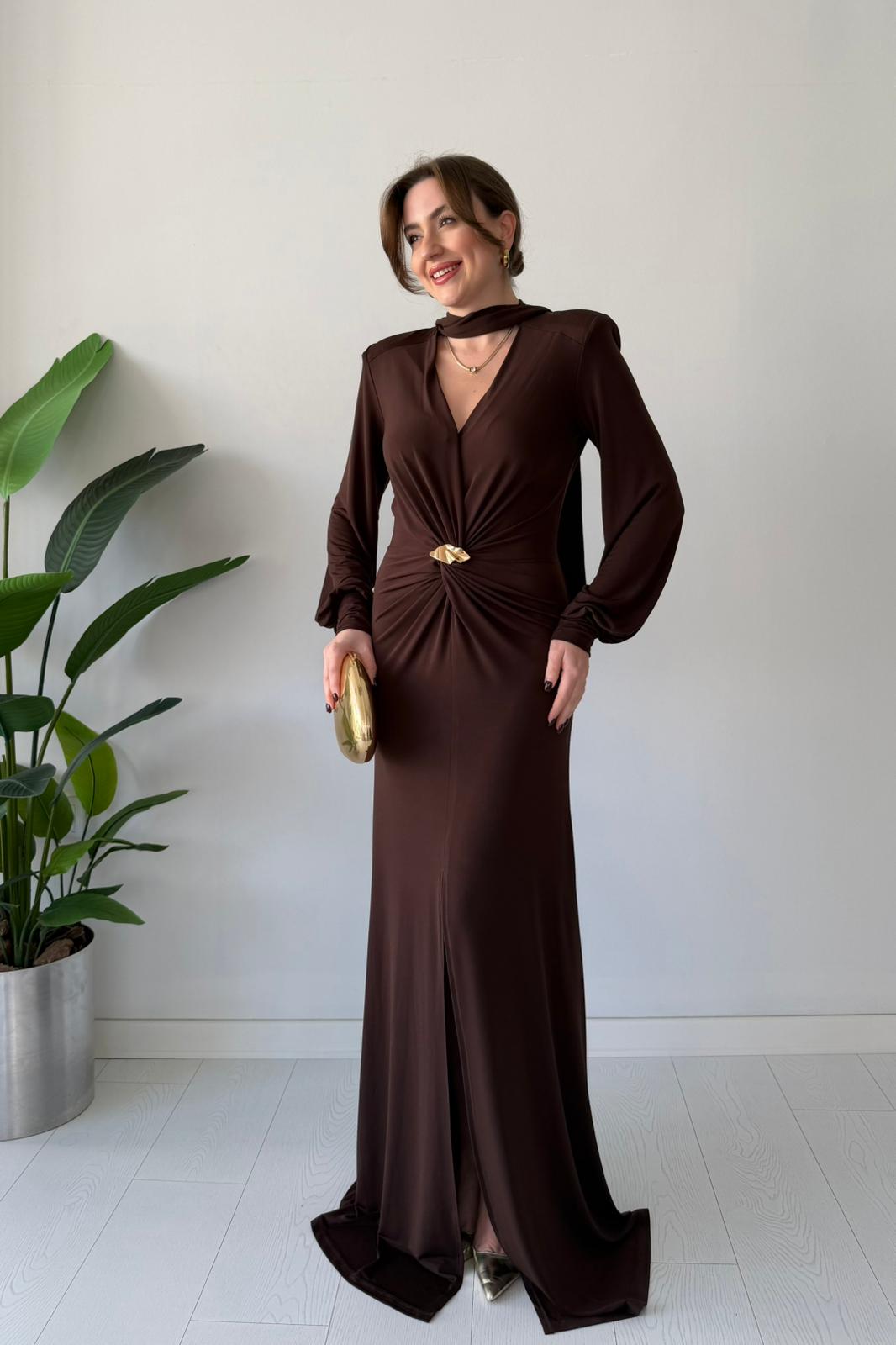 Şal Detaylı Tasarım Elbise - Kahve