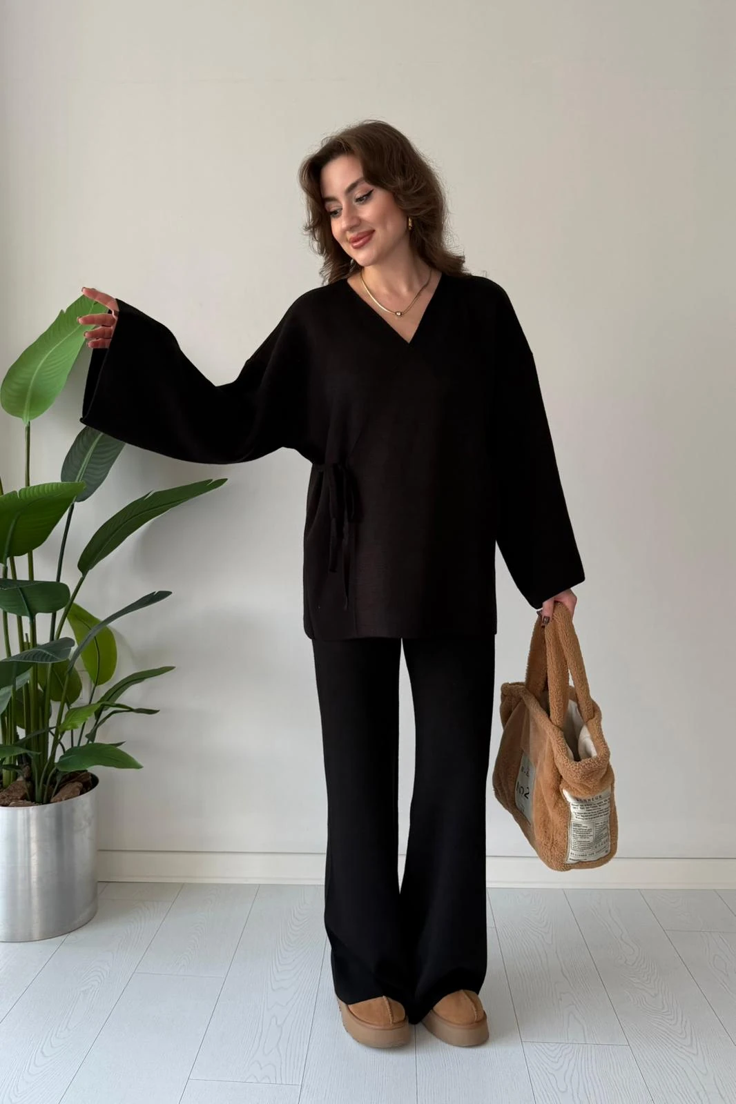 Bağlamalı Triko Takım - Siyah