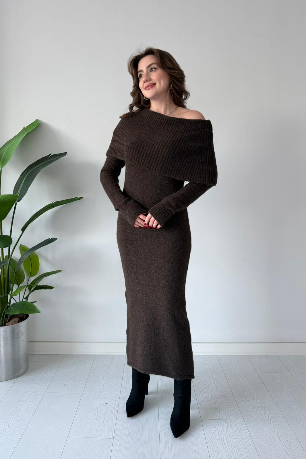 Düşük Omuz Triko Elbise - Kahve