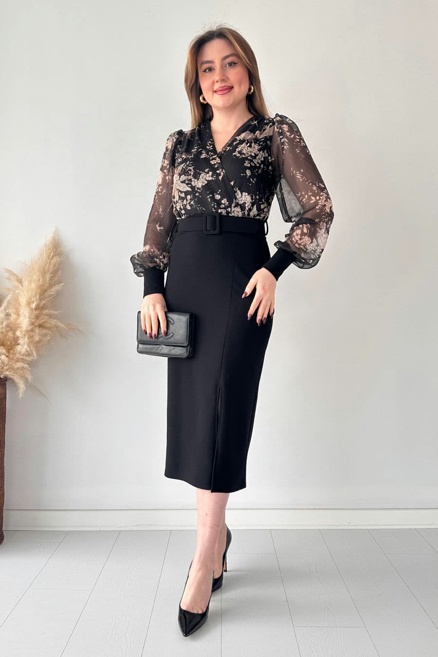 Üstü Bahar Şifon Kalem Elbise