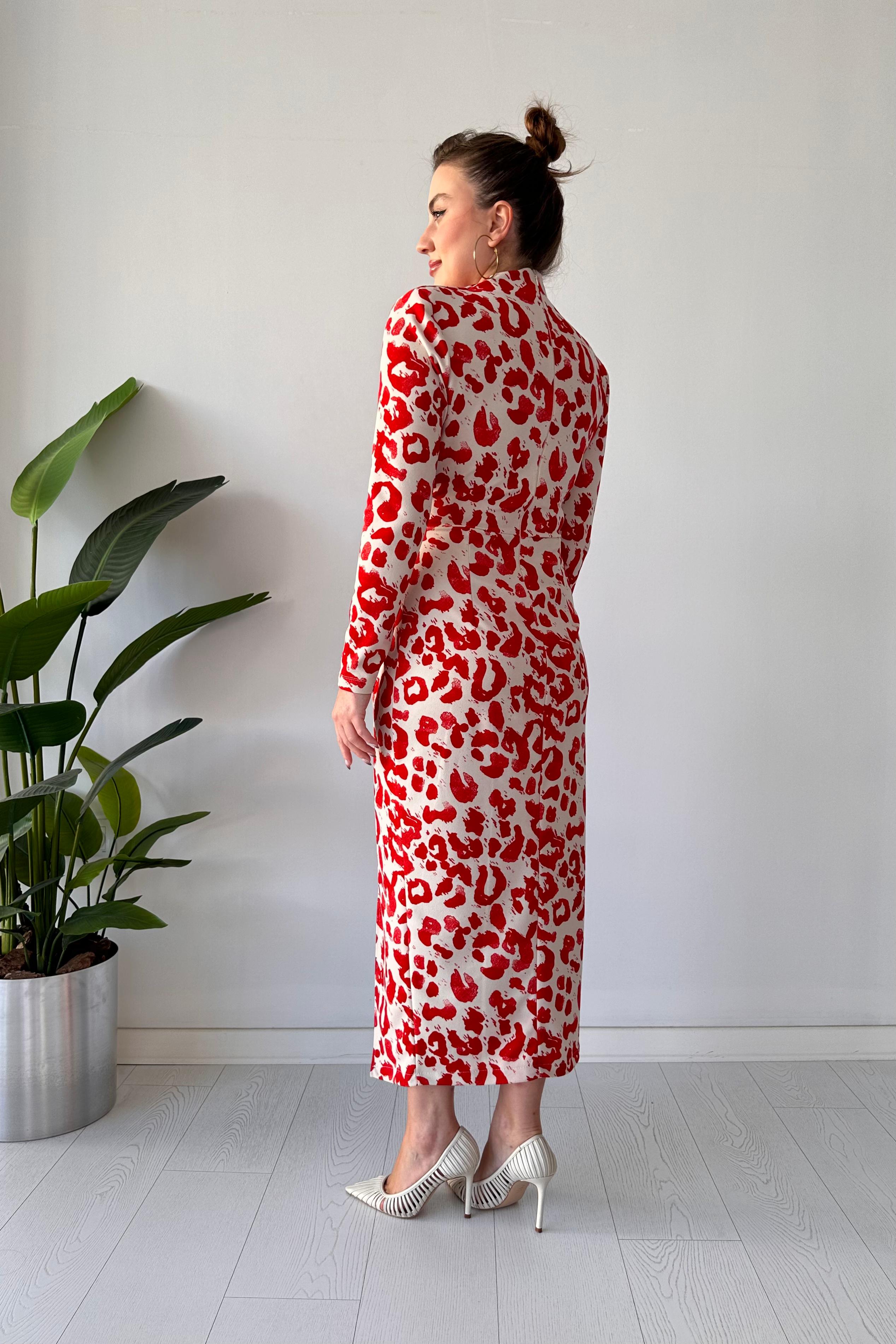 Uzun Kol Leopar Krep Elbise