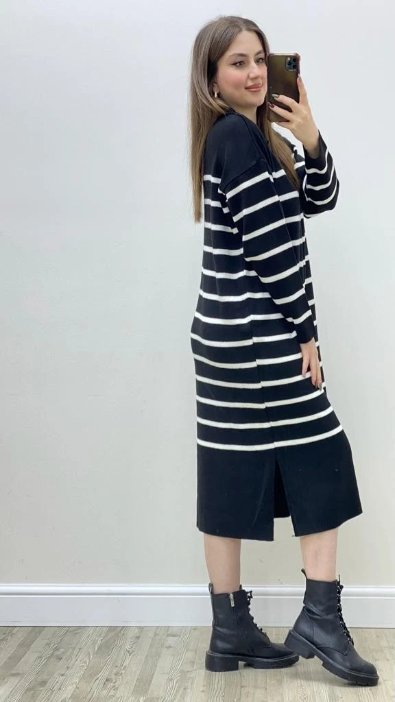 Dökümlü Çizgili Triko Elbise Siyah