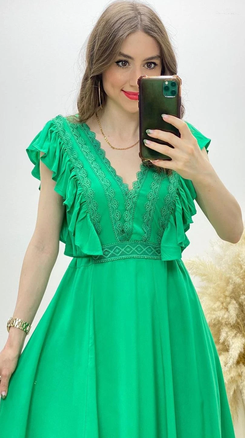 Volanlı Güpür Yaka Viskon Elbise Yeşil