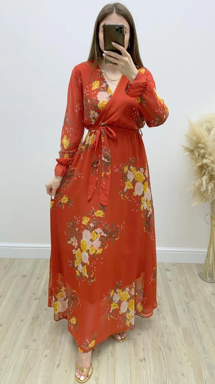 Maksi Kruvaze Yaka Desenli Şifon Elbise Kiremit