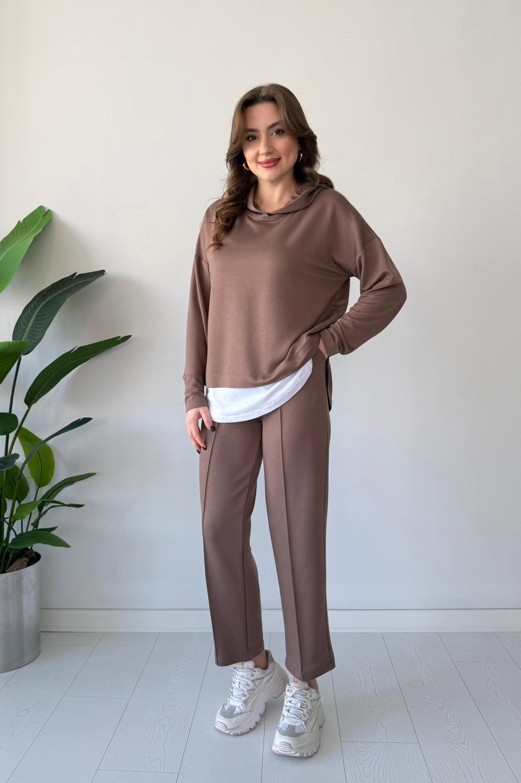 Kapşonlu Tshirt Detay İkili Takım - Kahve