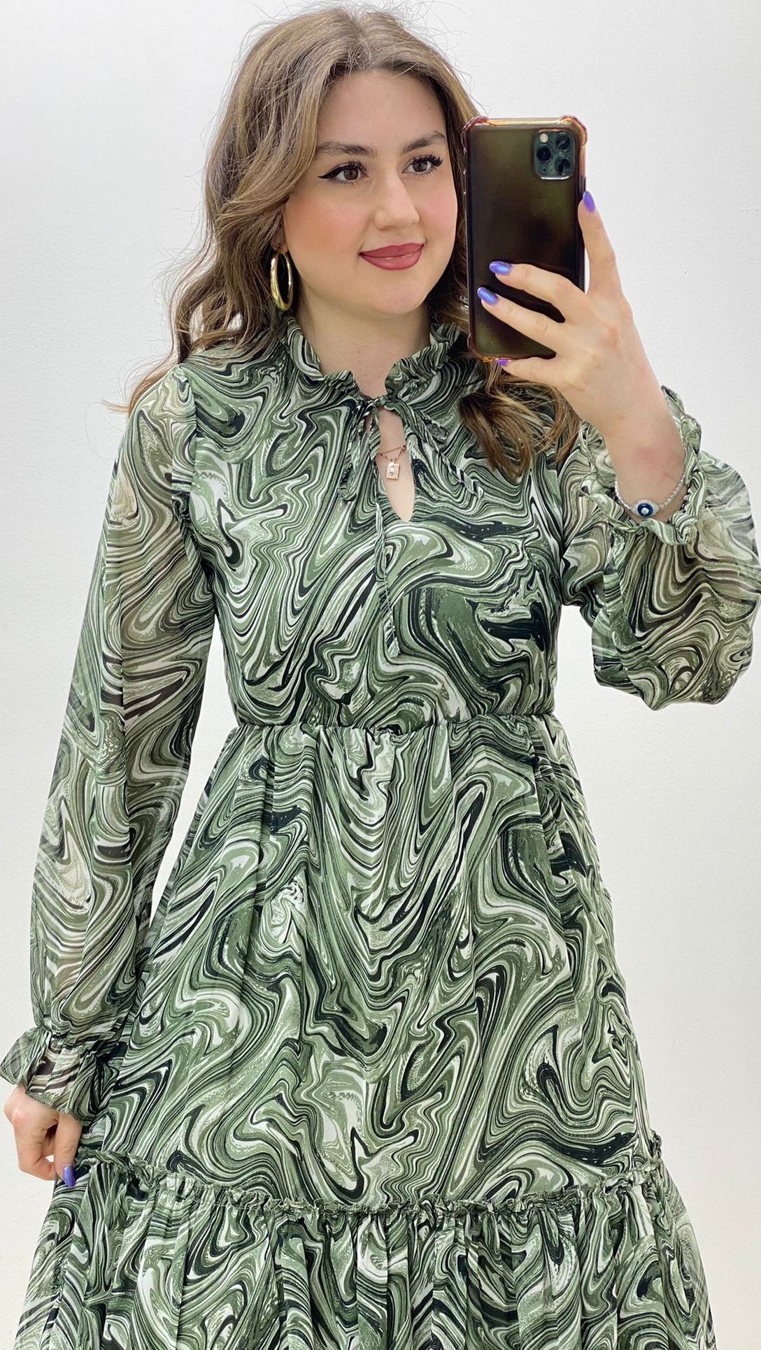 Midi Dalgalı Şİfon Elbise Haki