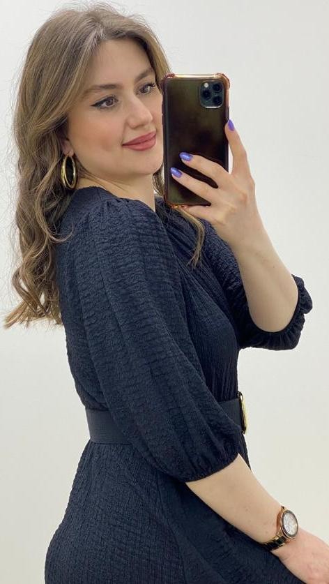 Dokulu Midi Boy Elbise Siyah