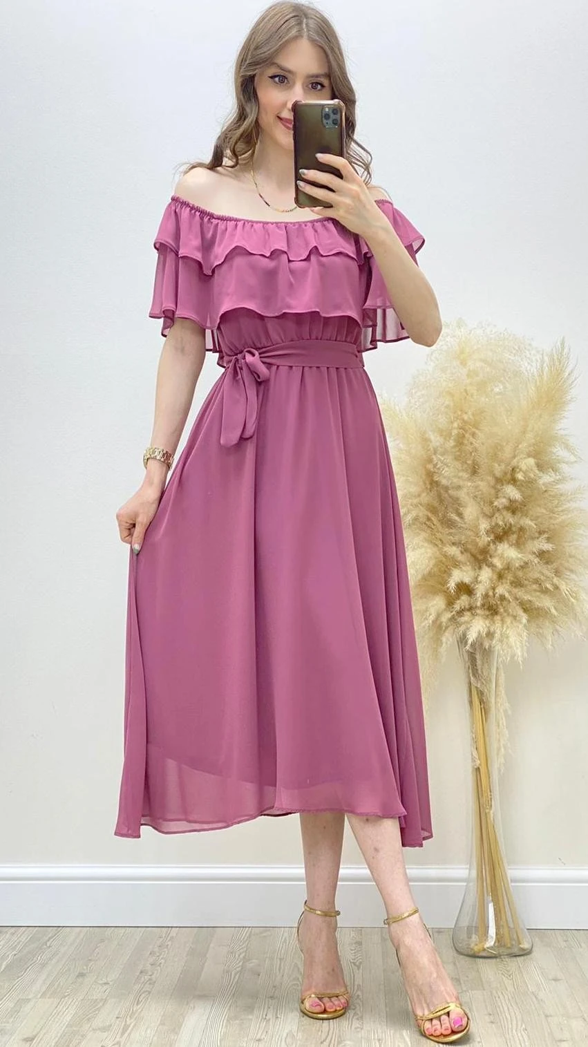 Fırfırlı Madonna Şifon Elbise Pudra