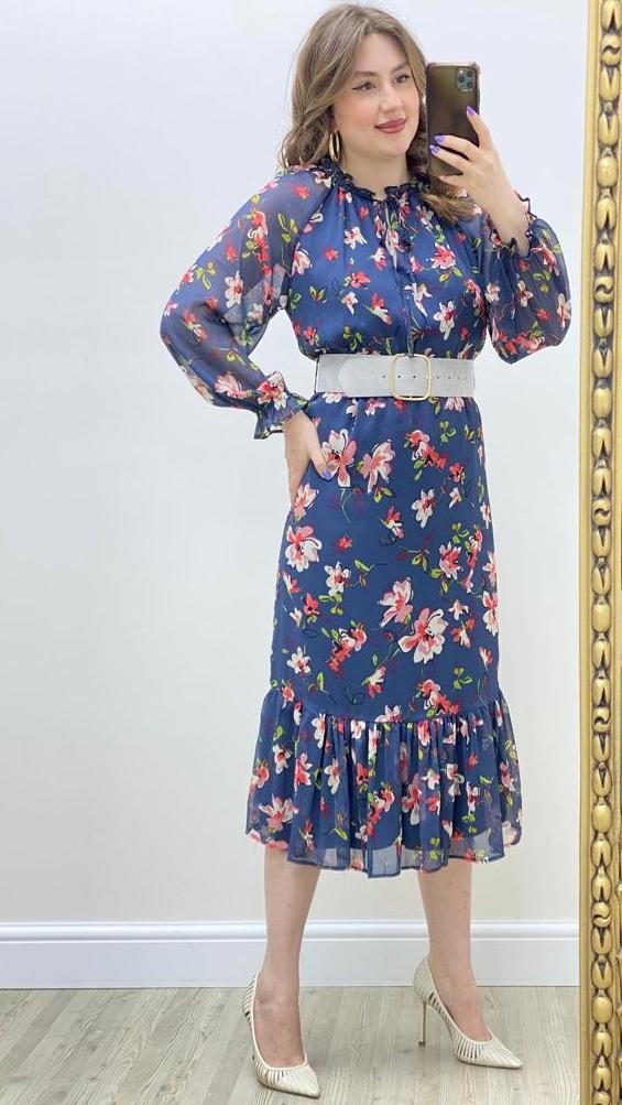 Süet Kemerli Floral Şifon Elbise