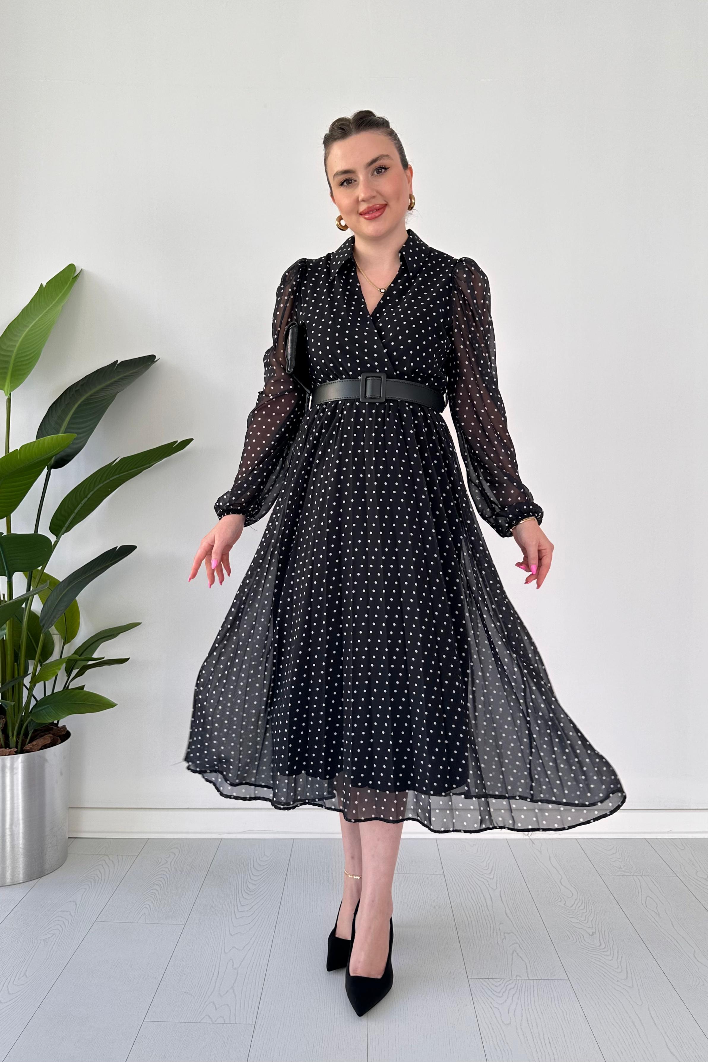 Yakalı Puantiye Şifon Elbise Siyah