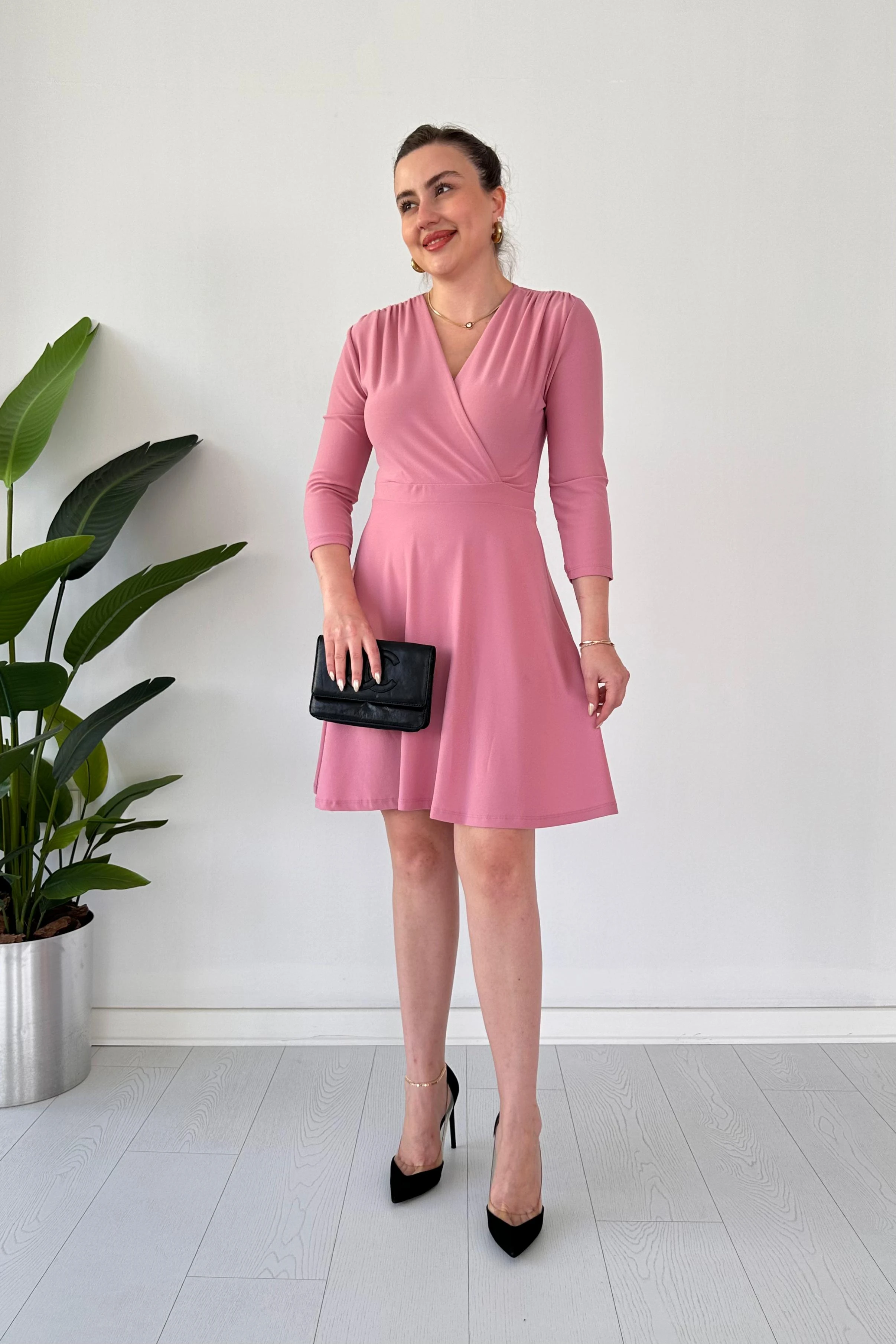 Omuz Drape Krep Elbise