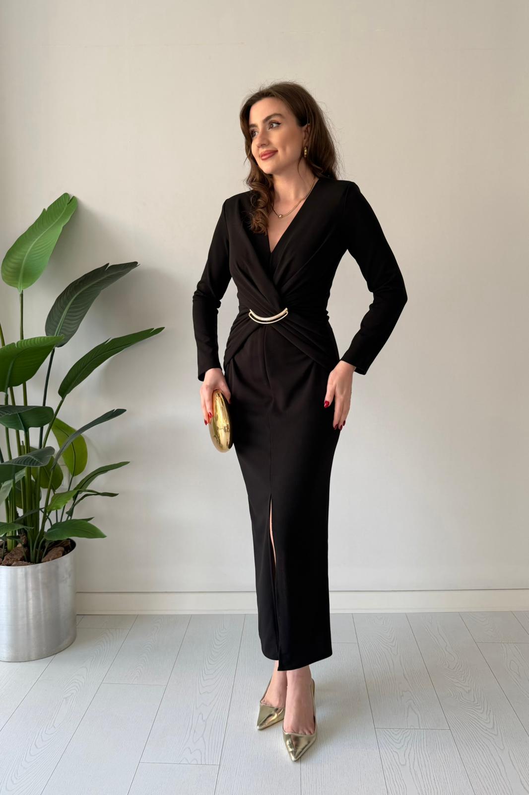 Hilal Tokalı Krep Elbise - Siyah