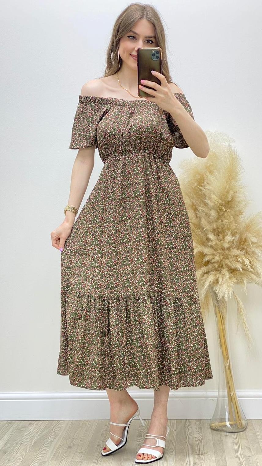 Çıtır Desen Madonna Viskon Elbise Haki