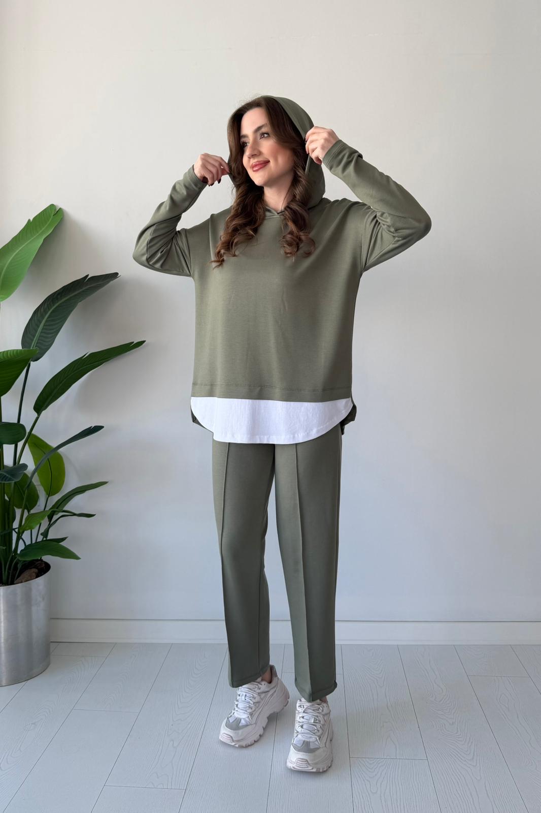 Kapşonlu Tshirt Detay İkili Takım - Haki