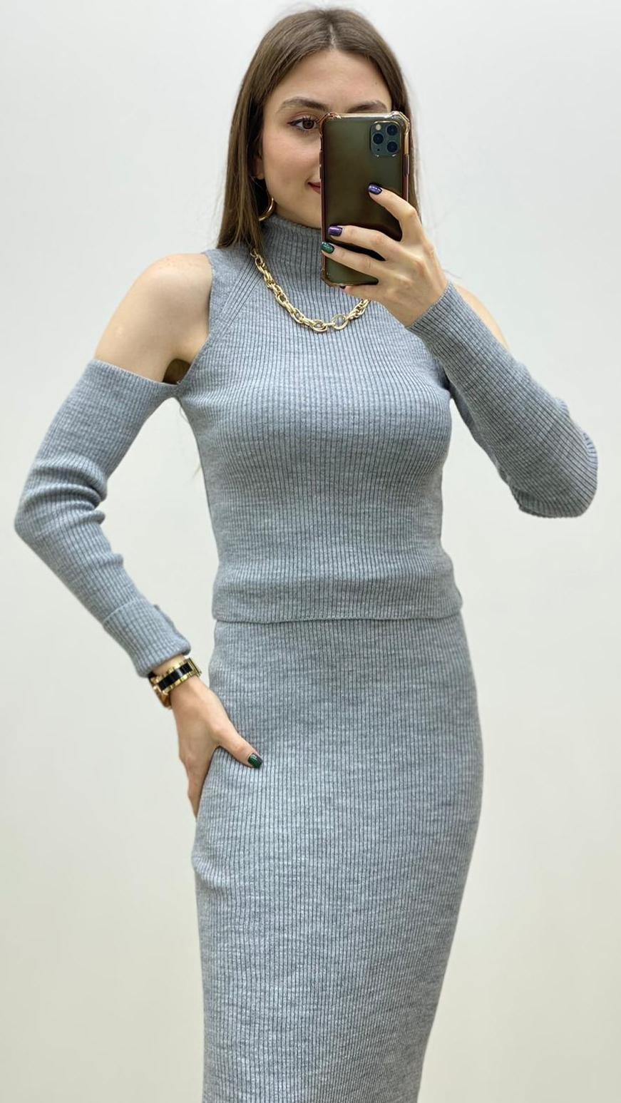 Açık Omuz Etek Triko Takım Gri