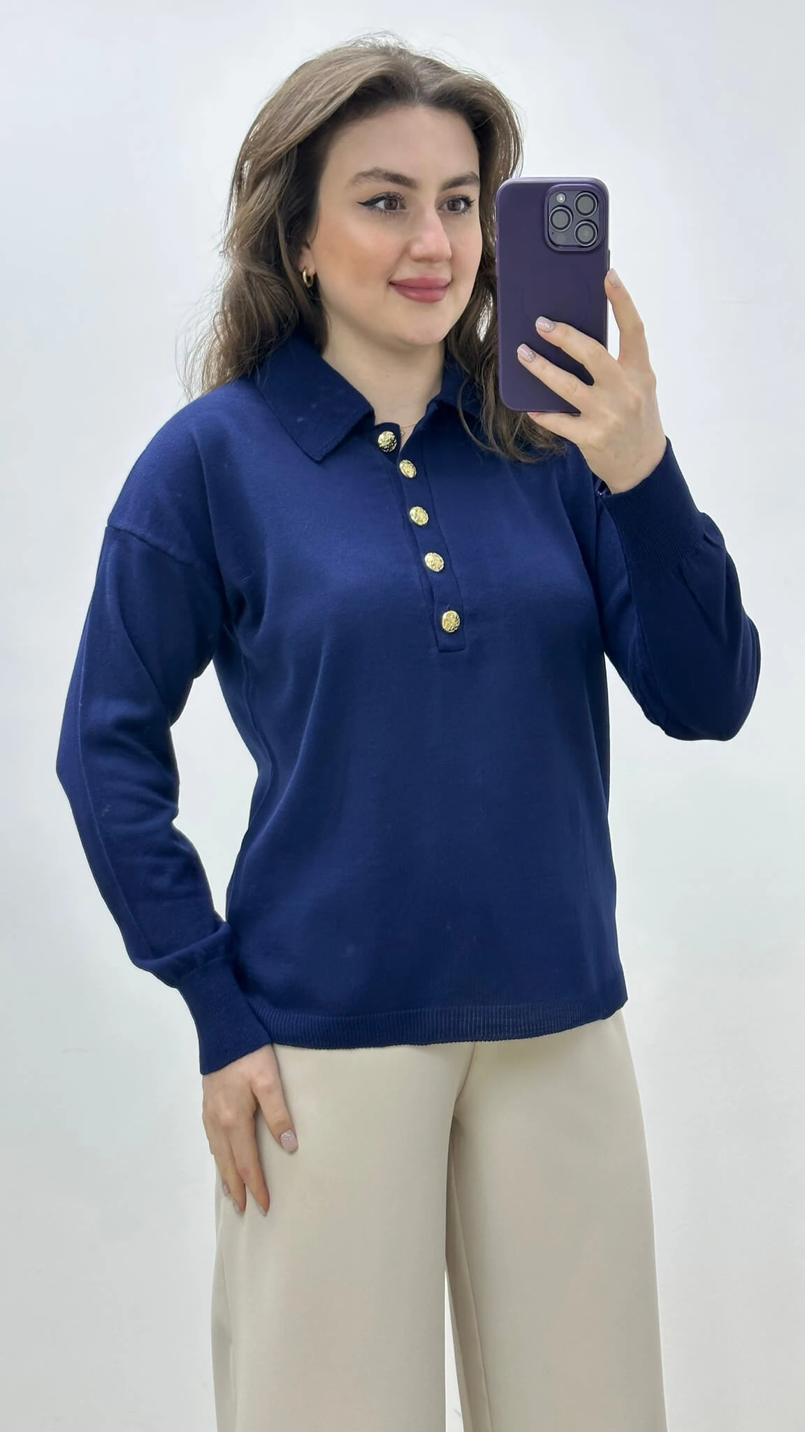 Polo Yaka Düğmeli Triko Lacivert