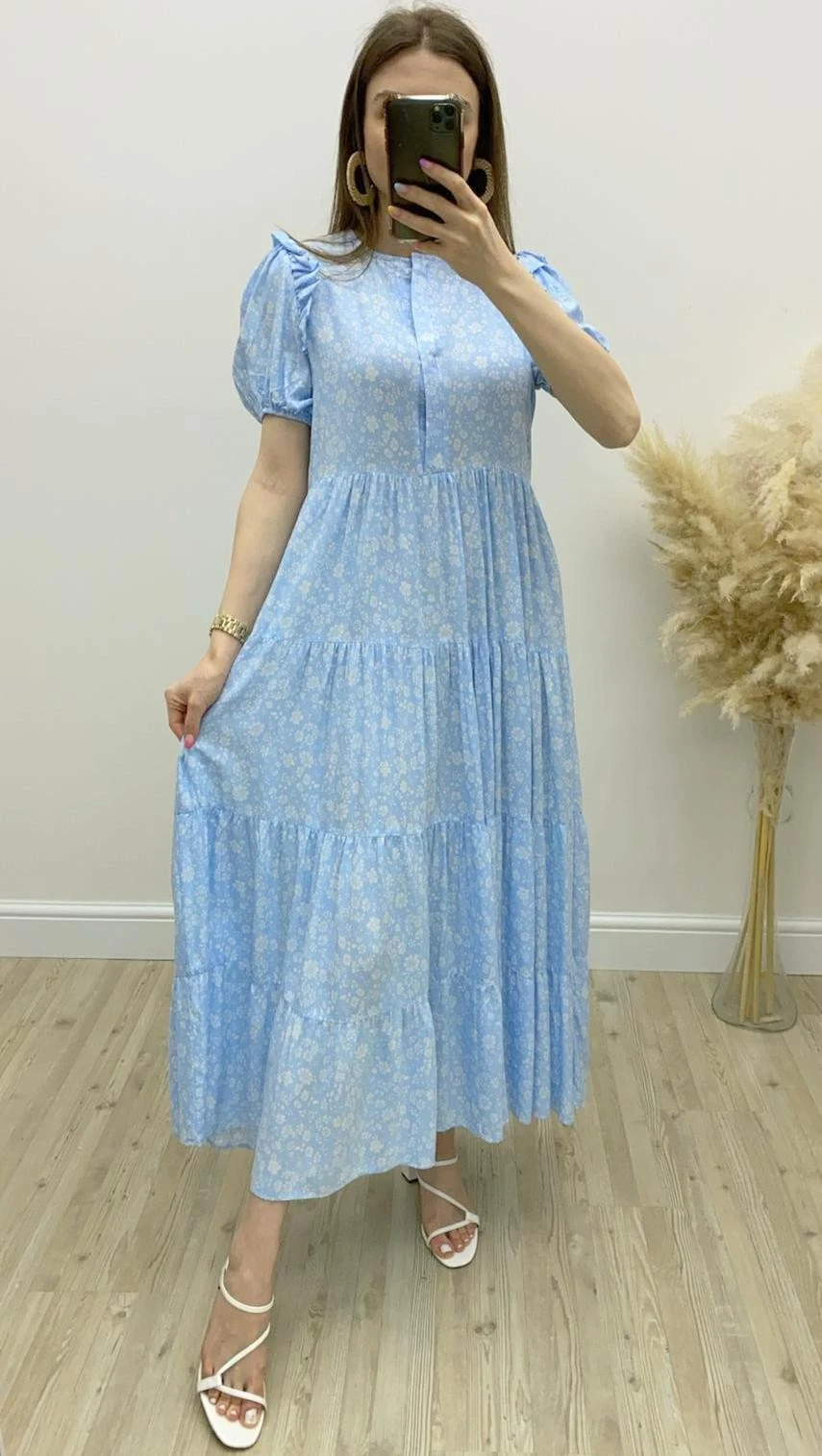 Göğüs Düğmeli Çiçek Desen Viskon Elbise Bebe Mavi