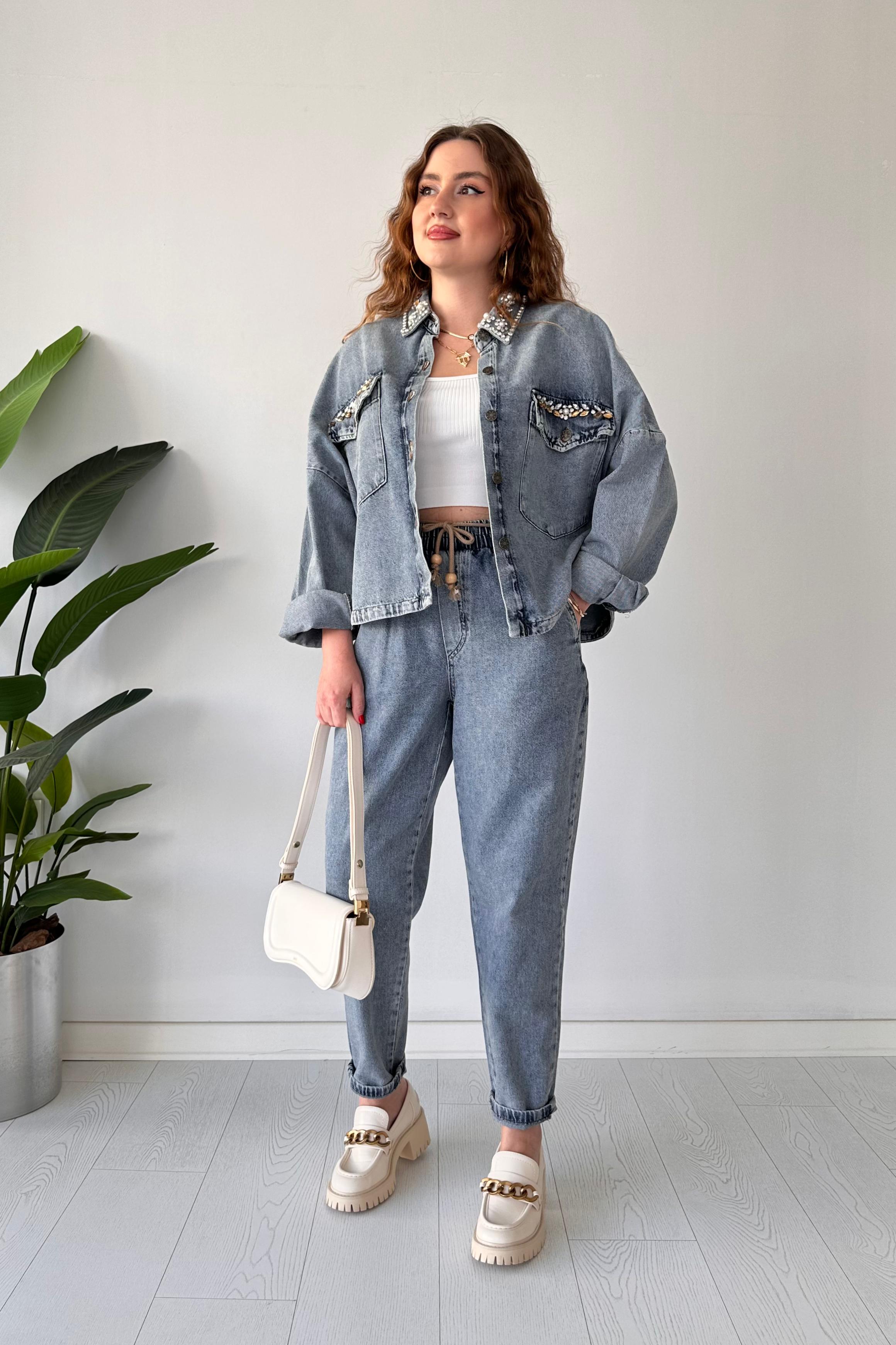 Taşlı Ceket-Pantolon Denim Takım