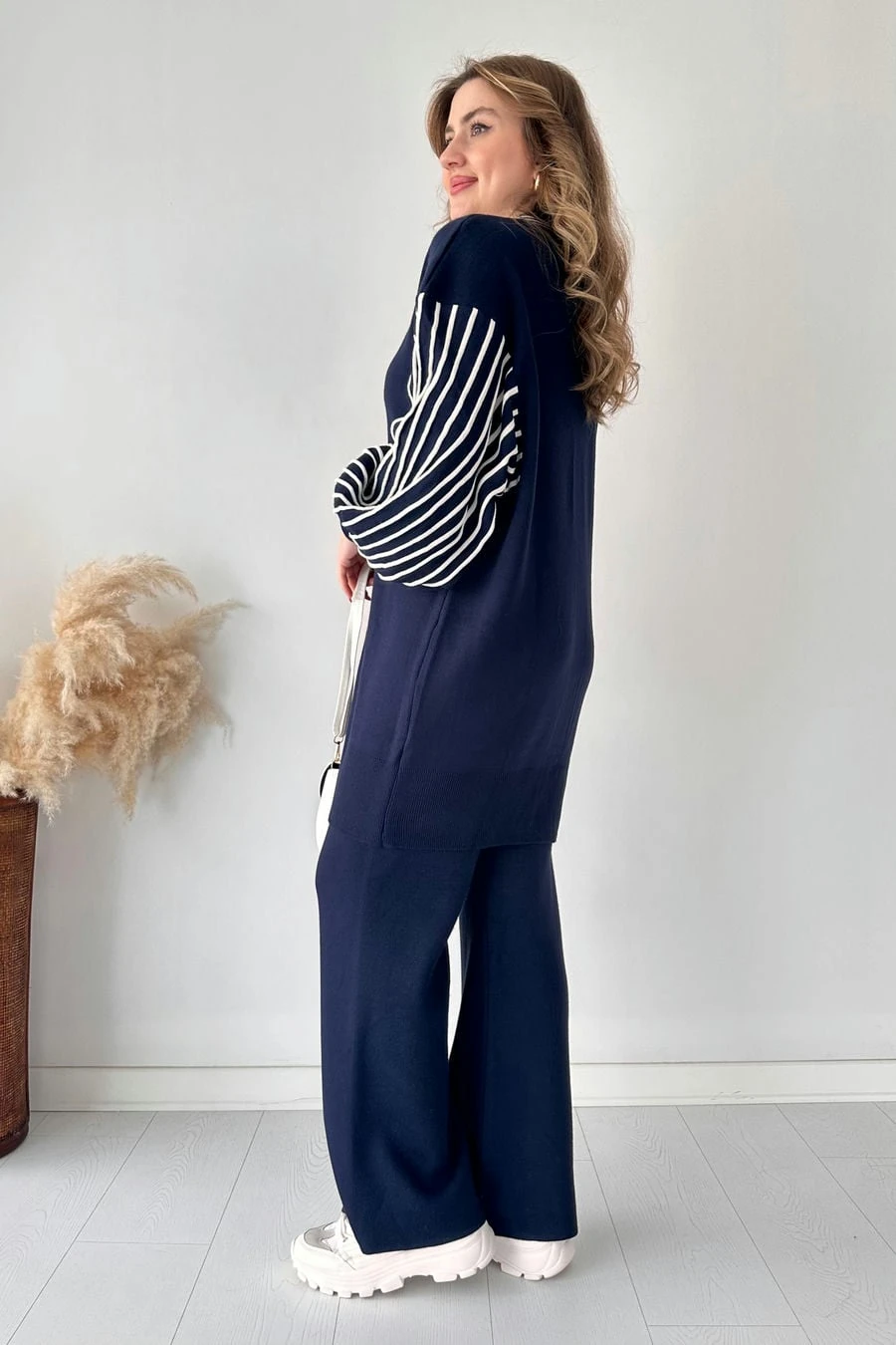 Balon Kol Çizgili Triko Takım