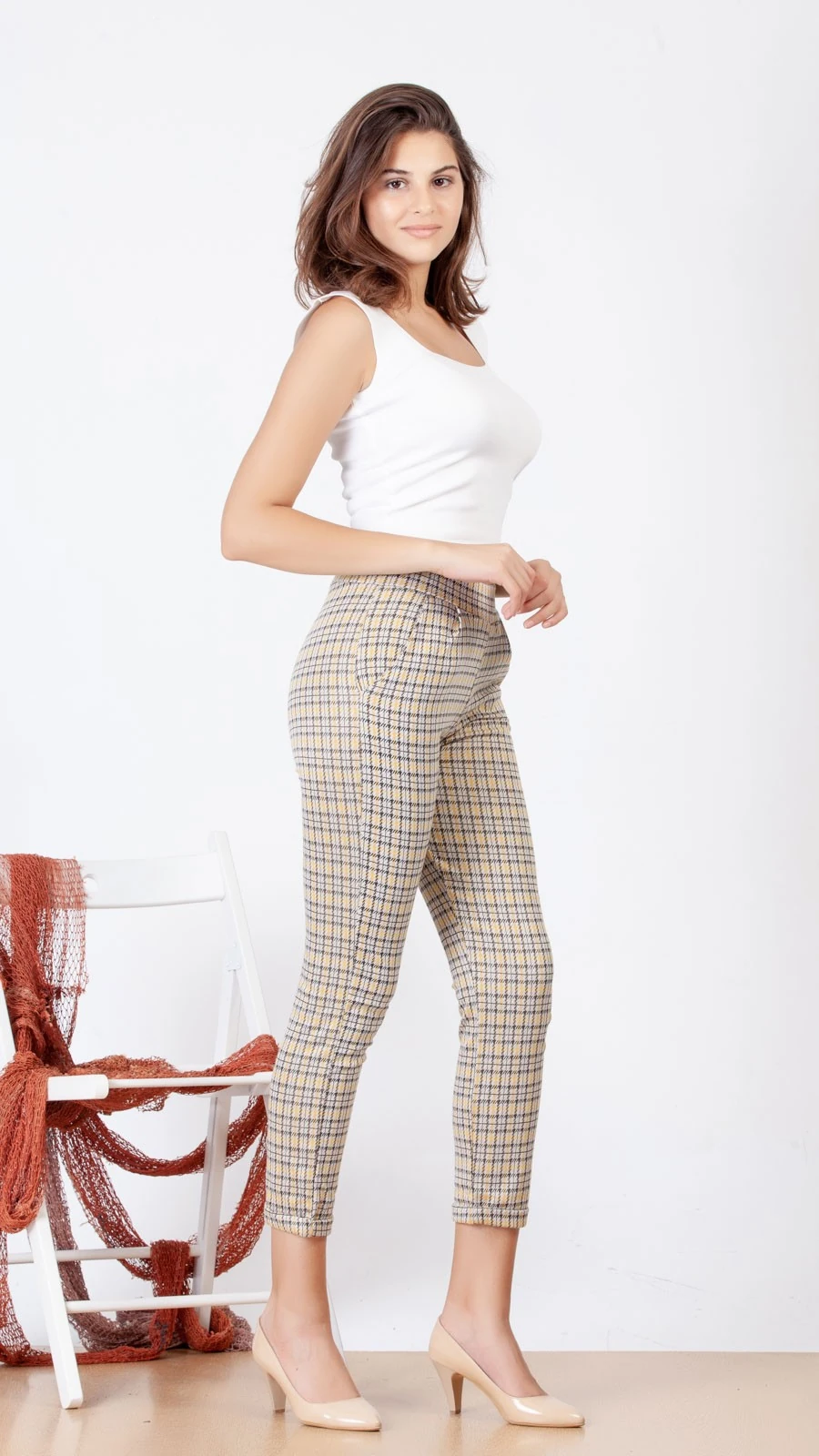 Yüksek Bel Büyük Kareli Pantolon - Sarı