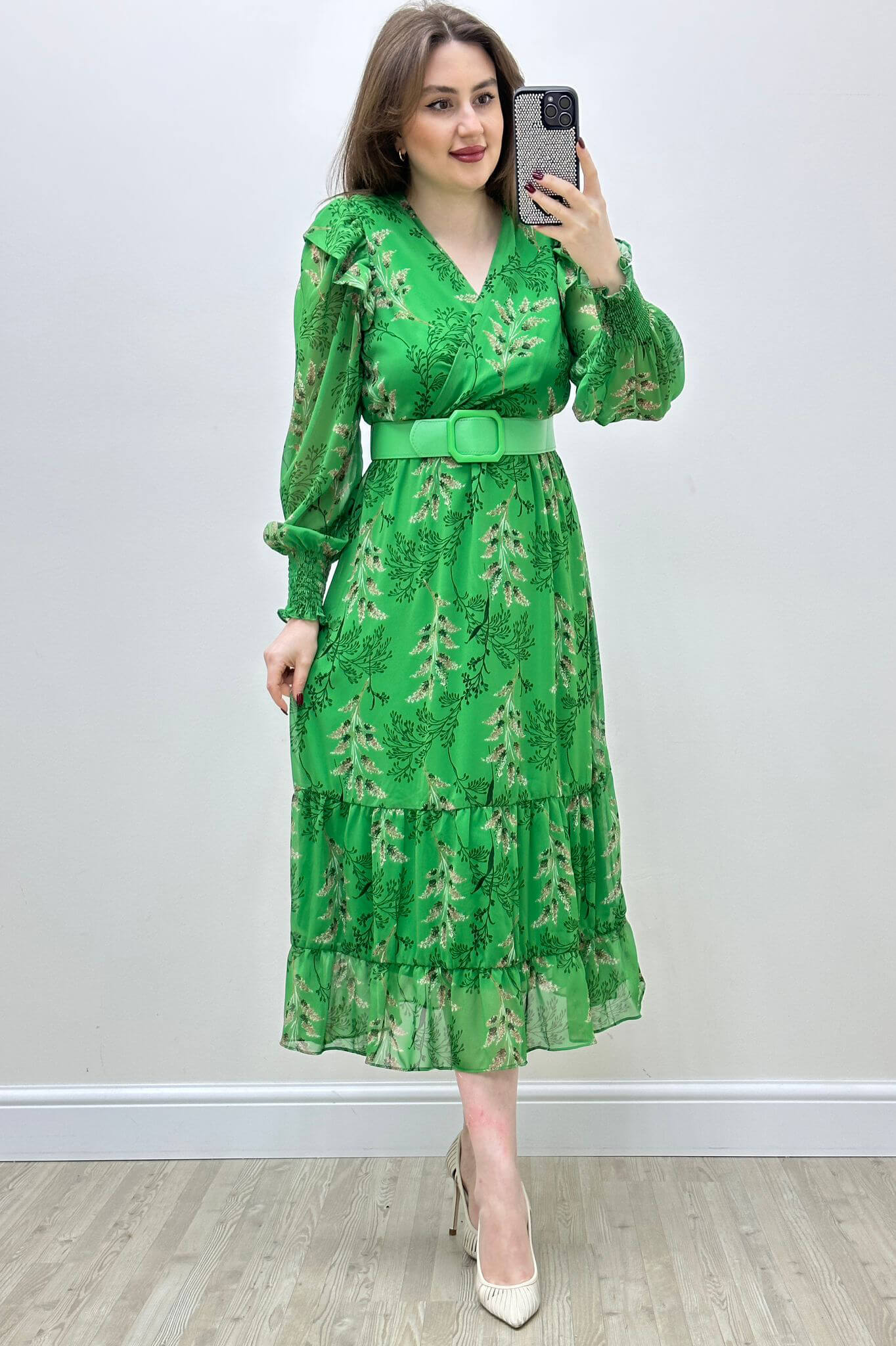 Leylak Desen Şifon Elbise Yeşil