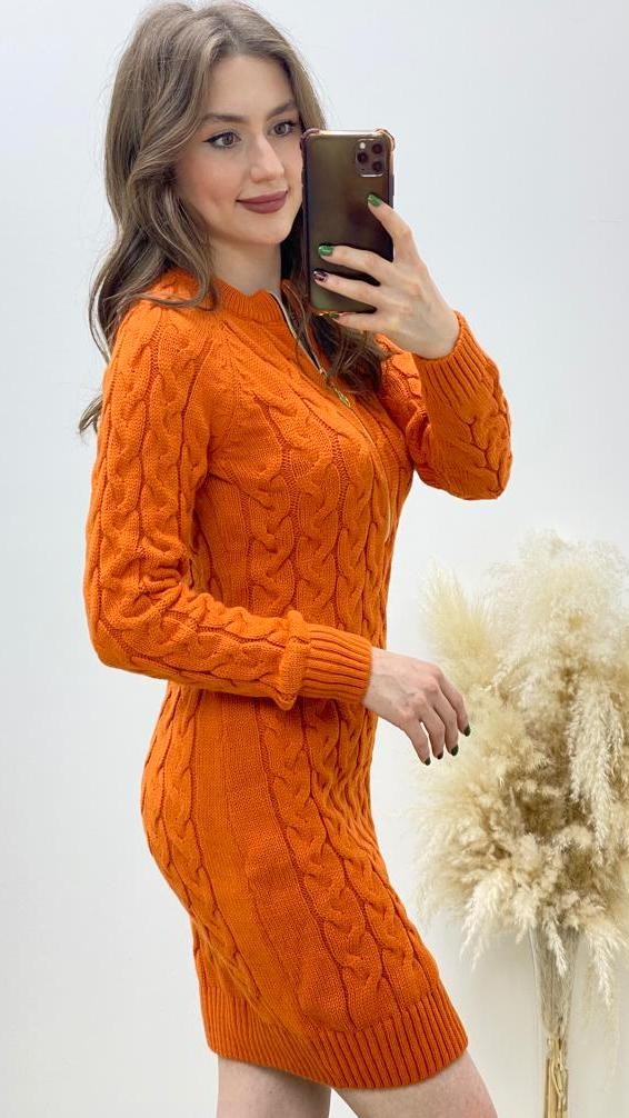 Saç Örgü Fermuar Detaylı Triko Elbise Turuncu