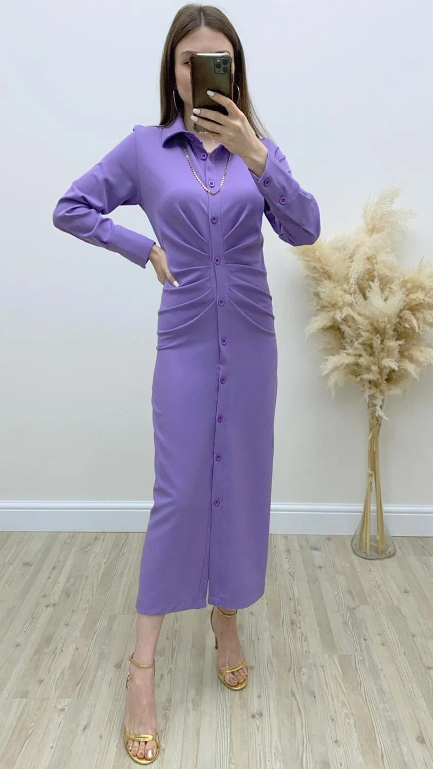 Drapeli Gömlek Elbise Lila
