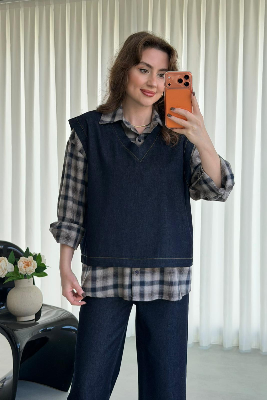 Ekose Gömlekli Denim Takım